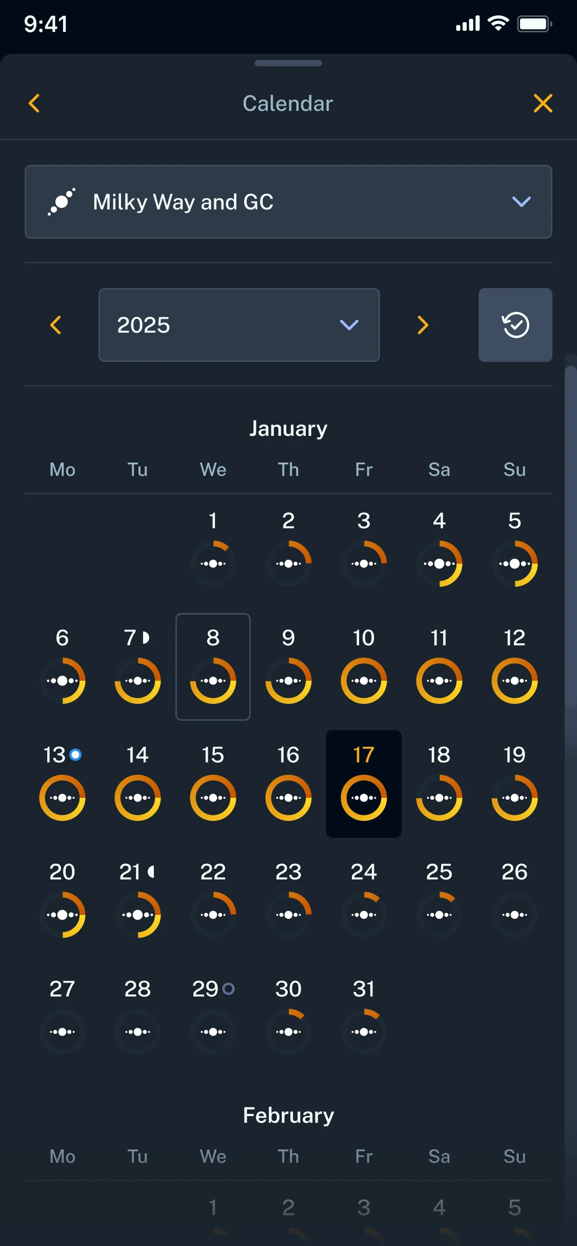 Calendars view in PhotoPills