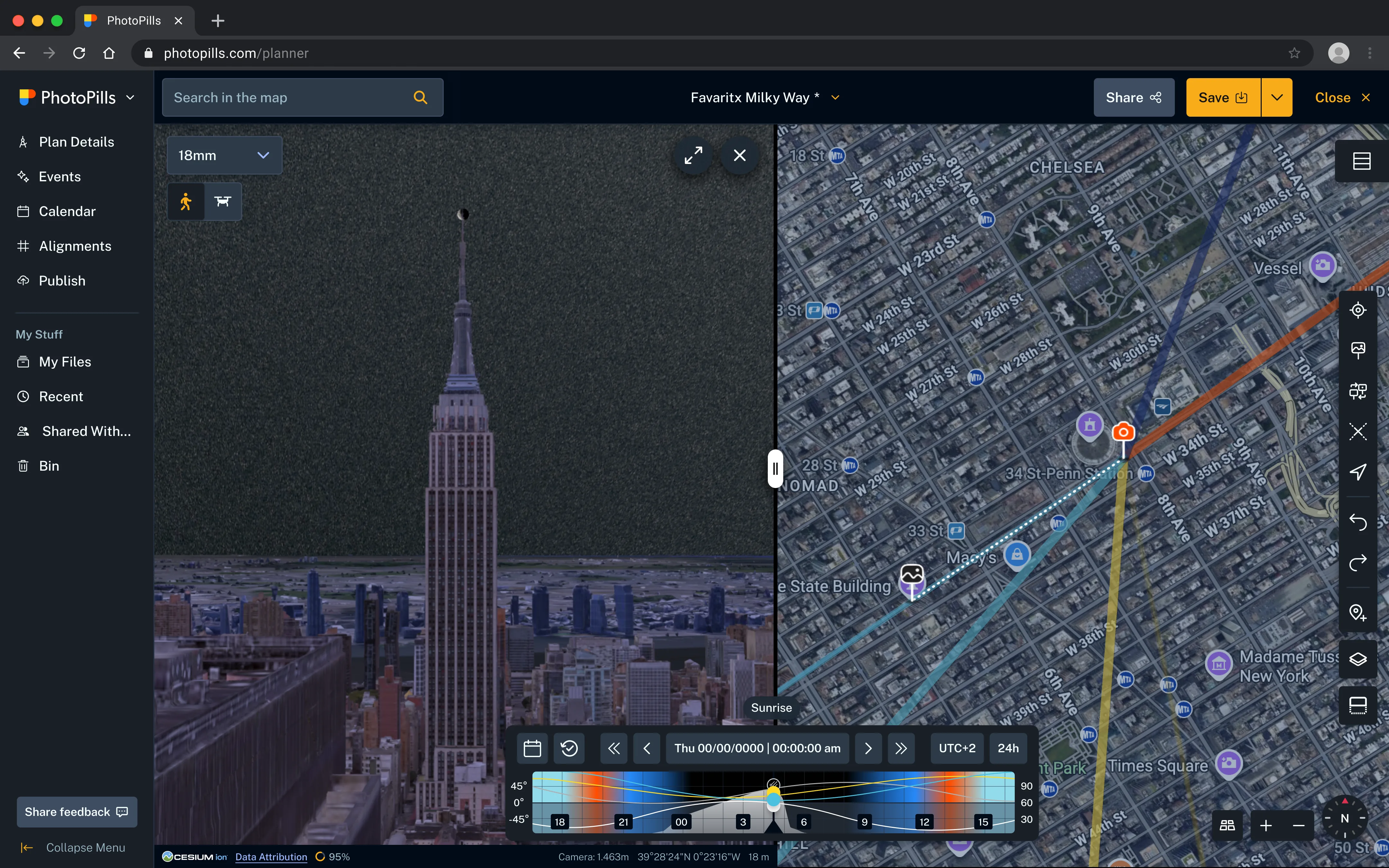 PhotoPills planner with a 3D view of the Empire State at night, the Milky Way planning map with sun and moon azimuth lines, and the full information panel