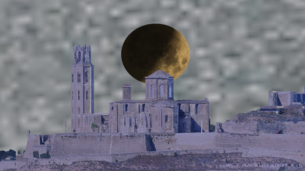 PhotoPills 3D plan showing the predicted Moon alignment over Lleida