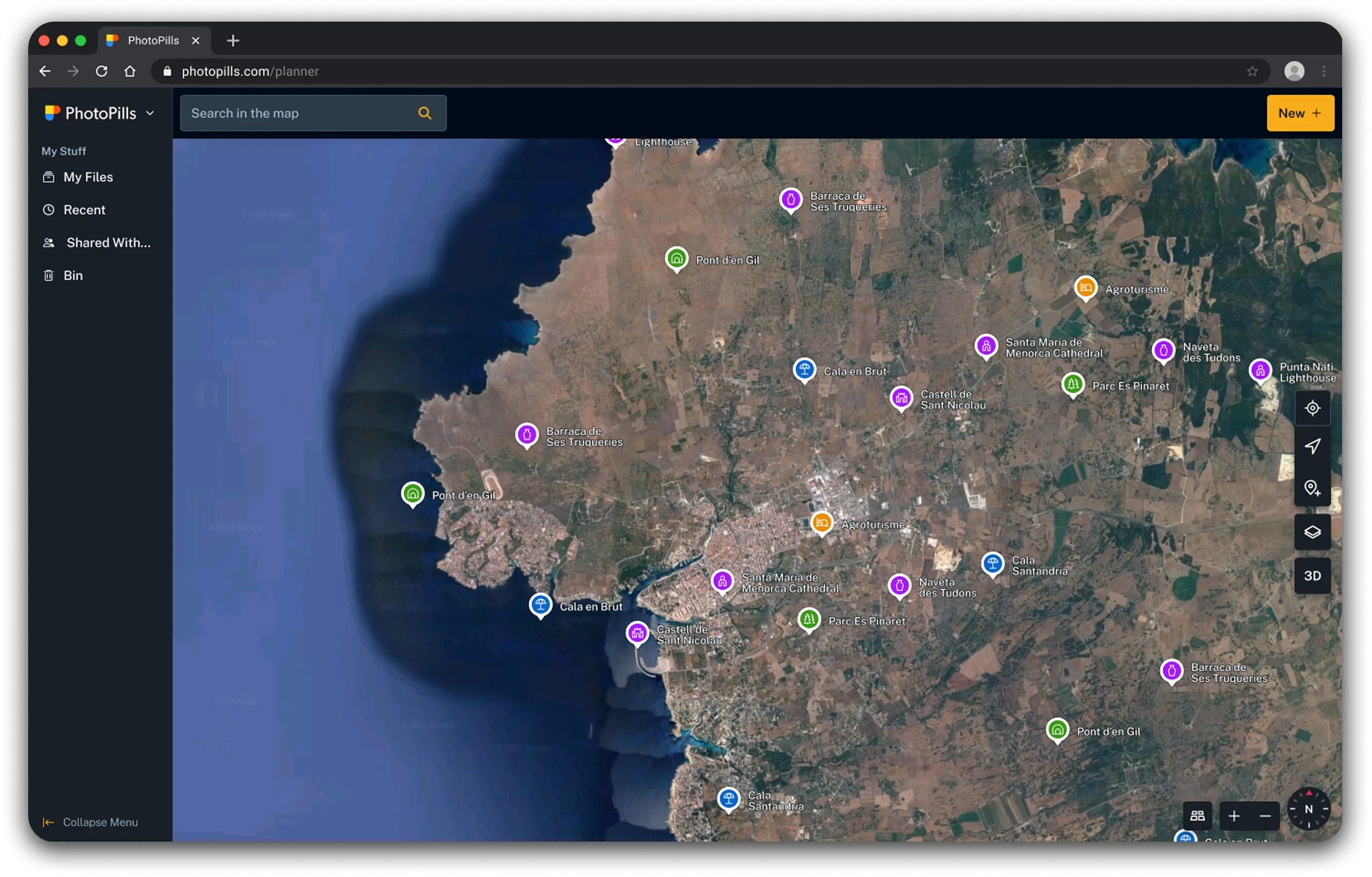 PhotoPills planner showing the shared world map with curated pins across the territory